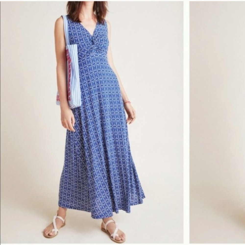 Maeve Camilla Blue Ikat Ruched Maxi Dress Size L - Anthropologie